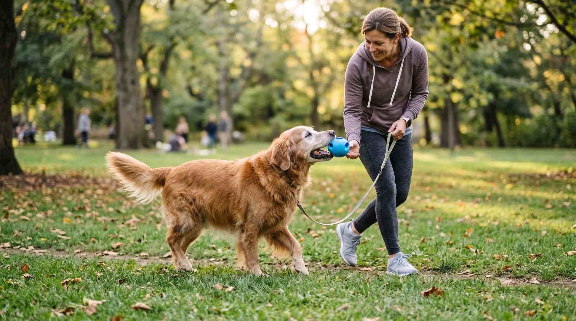 An older golden retriever exercising outdoors with its owner to keep fit.