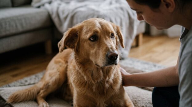 An attentive owner checking a worried golden retriever for signs a dog is in pain.