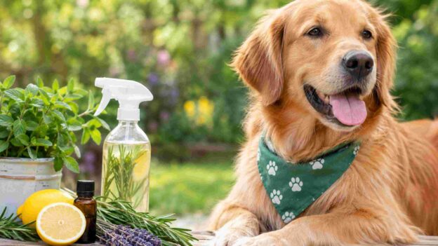 Golden retriever beside natural bug repellent ingredients for dogs in a garden.