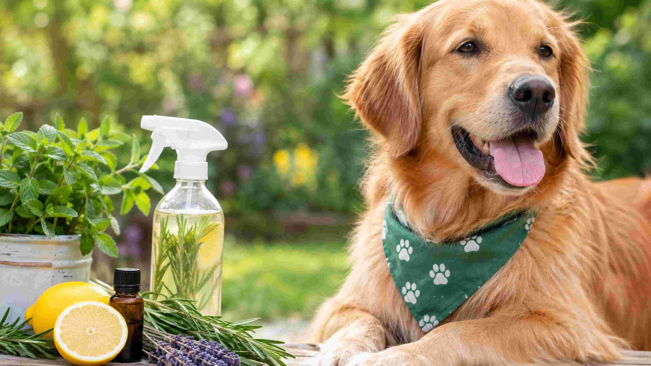Golden retriever beside natural bug repellent ingredients for dogs in a garden.