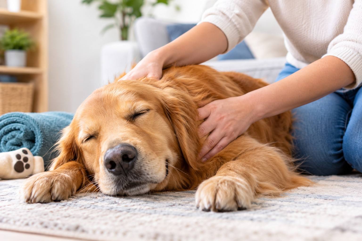 Dog massage guide showing a relaxed golden retriever enjoying a gentle shoulder massage.