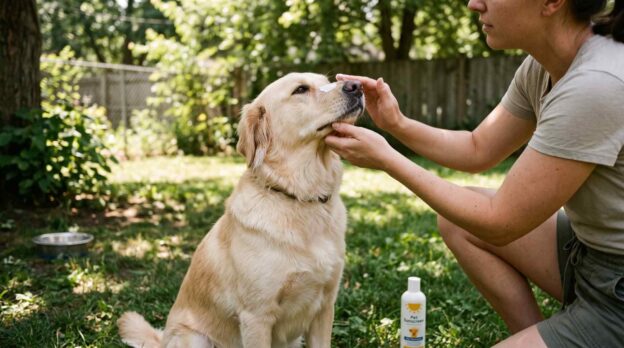 A dog owner applies pet-safe sunscreen to protect your dog from skin cancer.