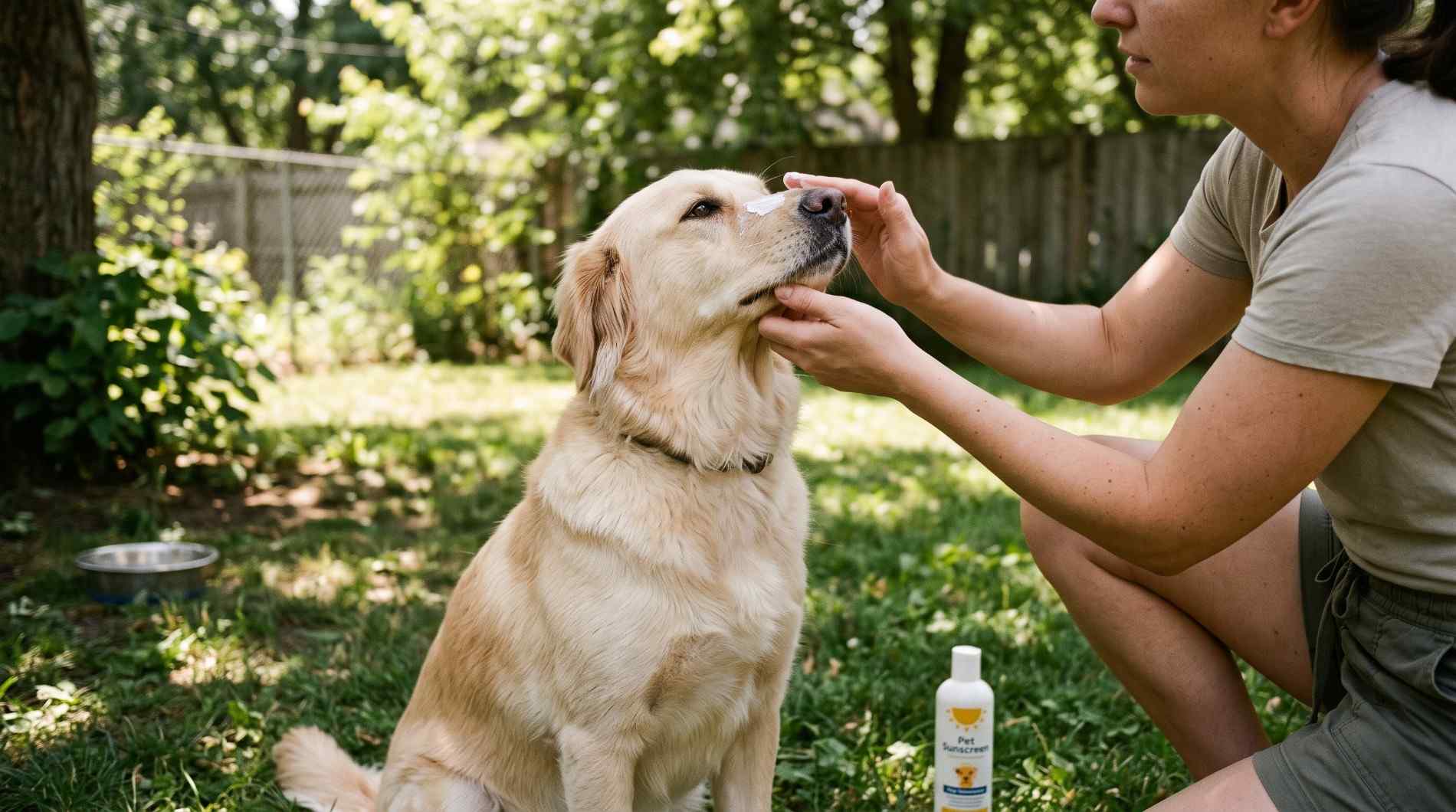 A dog owner applies pet-safe sunscreen to protect your dog from skin cancer.