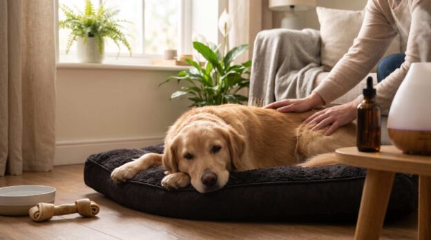 A golden retriever relaxing at home, showing how to reduce your dog’s stress naturally.