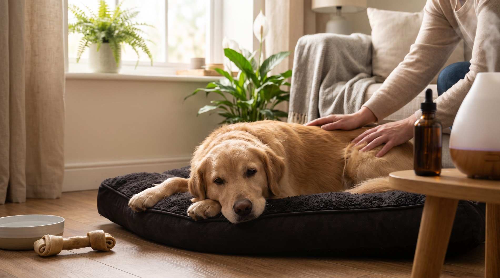 A golden retriever relaxing at home, showing how to reduce your dog’s stress naturally.