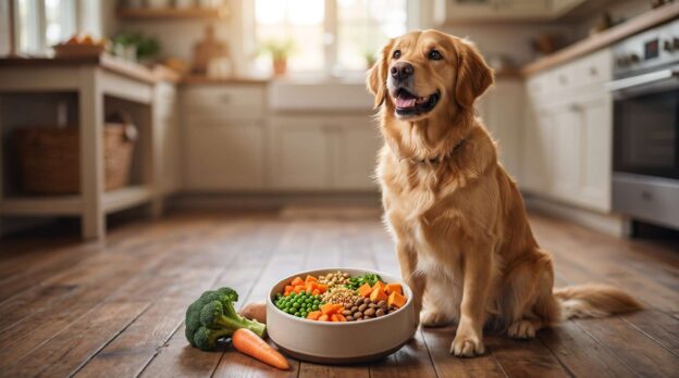 A happy dog sitting beside a plant-based diet meal bowl in a kitchen.