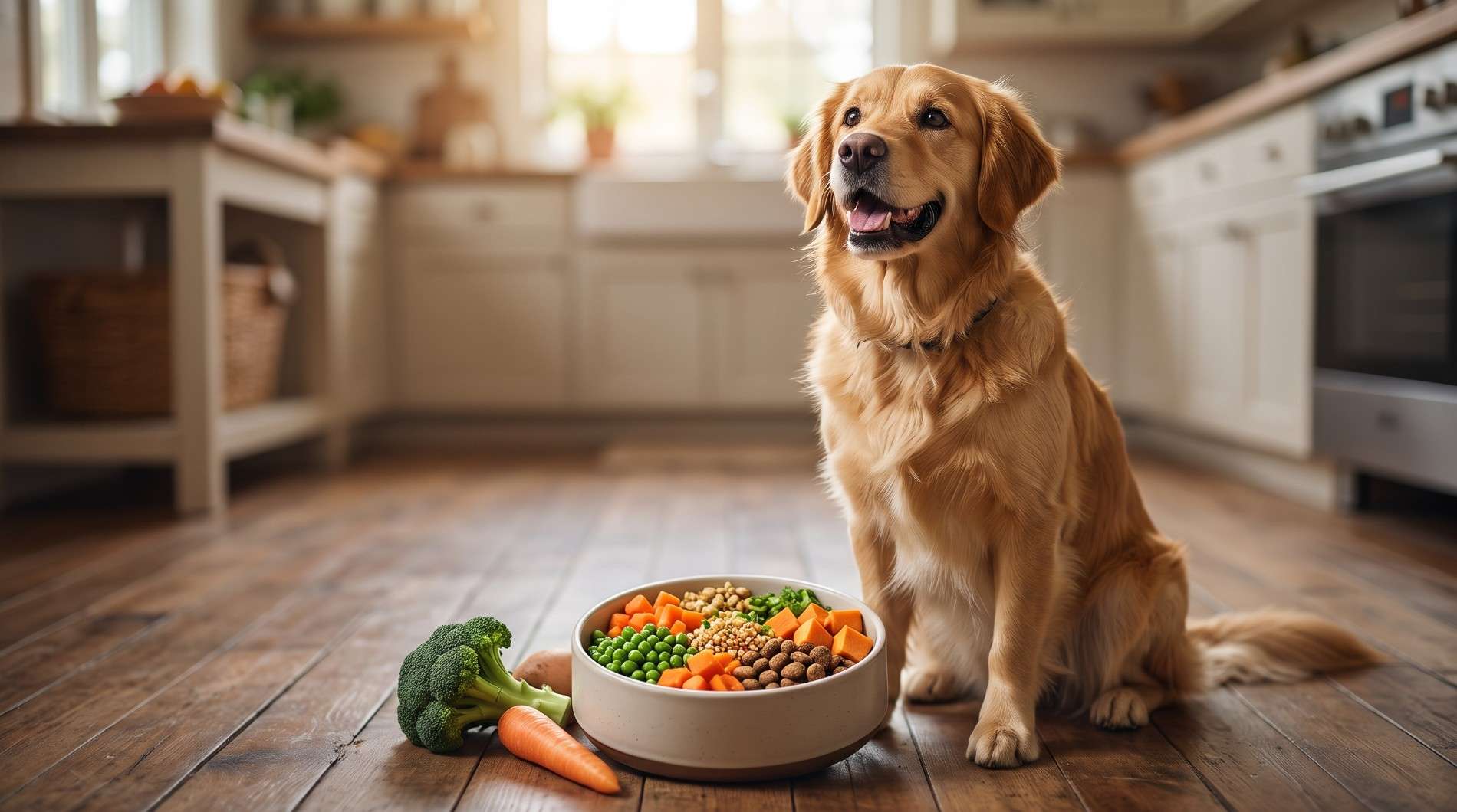 A happy dog sitting beside a plant-based diet meal bowl in a kitchen.