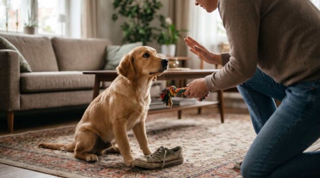 A trainer offering a toy to teach your dog not to chew things she shouldn’t.