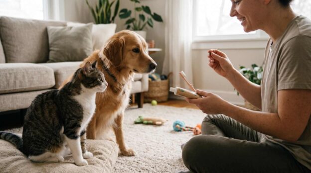 A woman teaching a friendly dog and cat to accept tooth brushing.