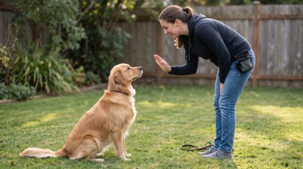 A trainer using body language to teach a golden retriever to sit.