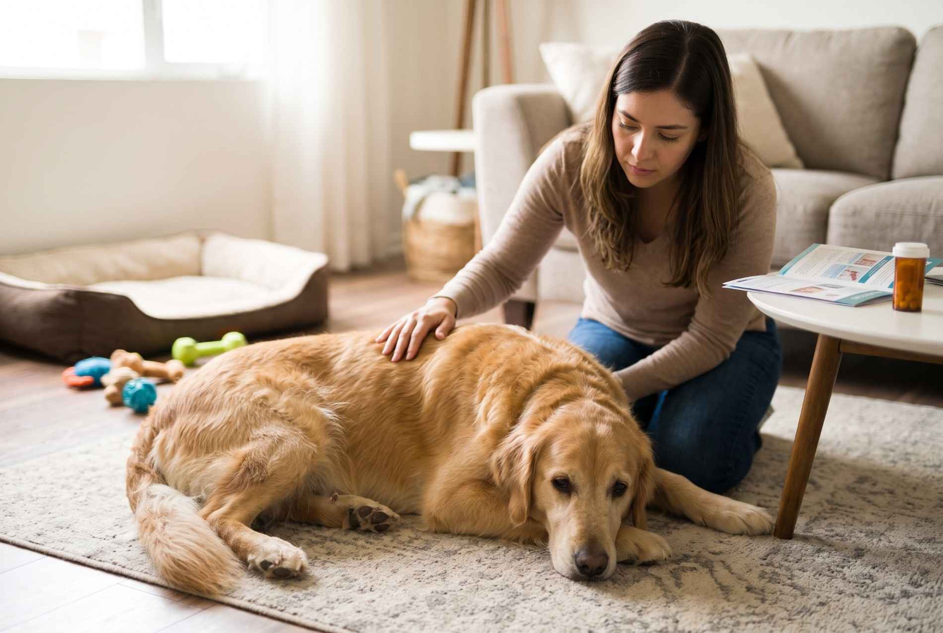 A caring dog parent comforting her golden retriever resting at home.
