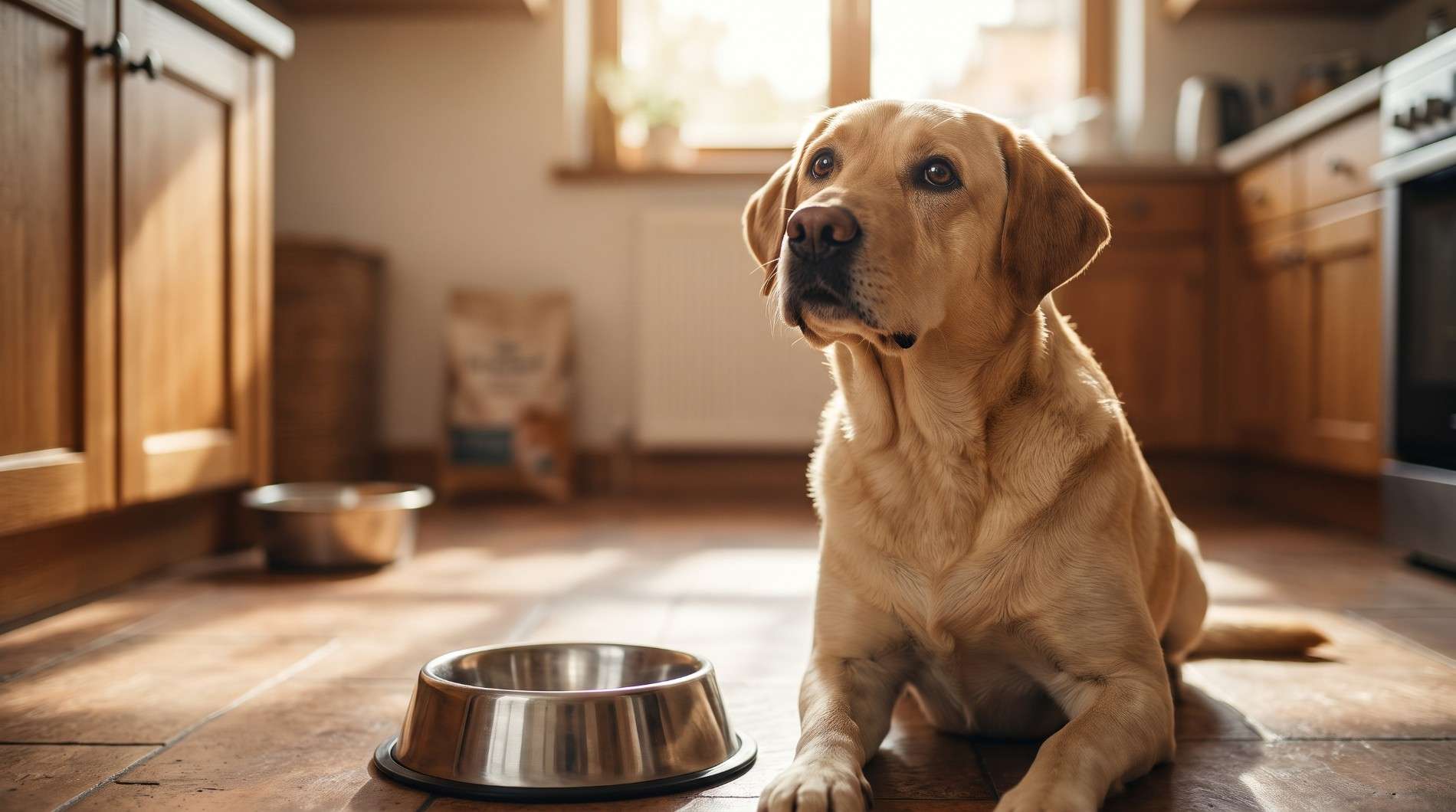 A Golden Retriever sitting near an empty bowl, depicting intermittent fasting for dogs.