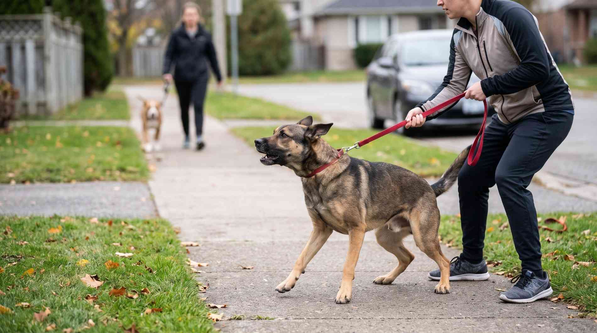A leash-reactive dog pulling aggressively on its lead toward another passing dog.