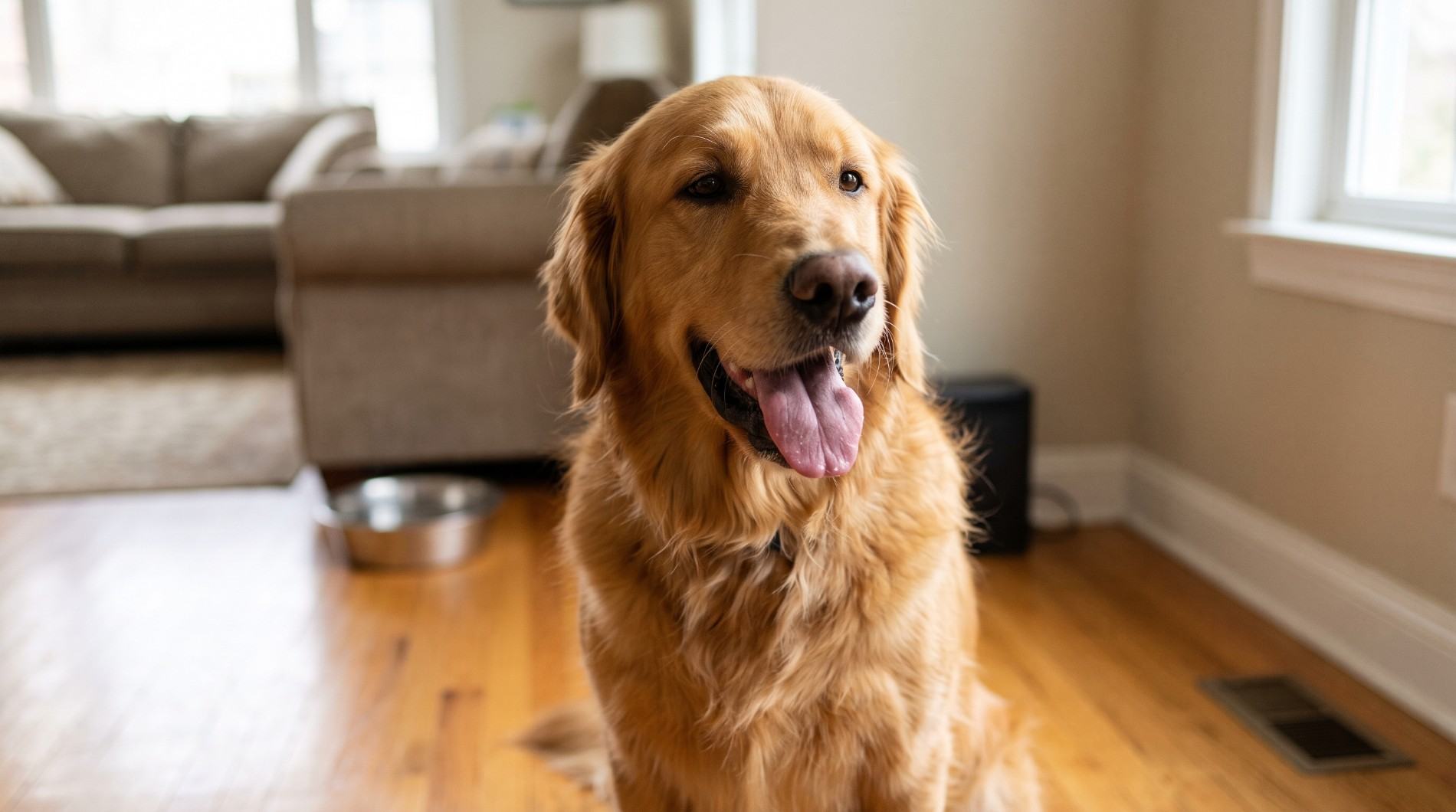 Golden retriever sitting indoors and panting excessively on a living room floor.
