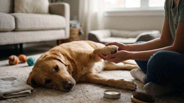 Owner gently inspecting a dog's paws to keep them healthy and clean.