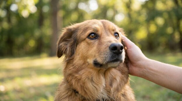 Close-up of a person gently inspecting a golden dog's healthy eyes outdoors.