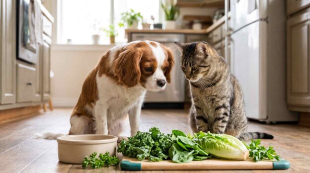 A dog and cat curiously inspecting fresh leafy greens on a cutting board.