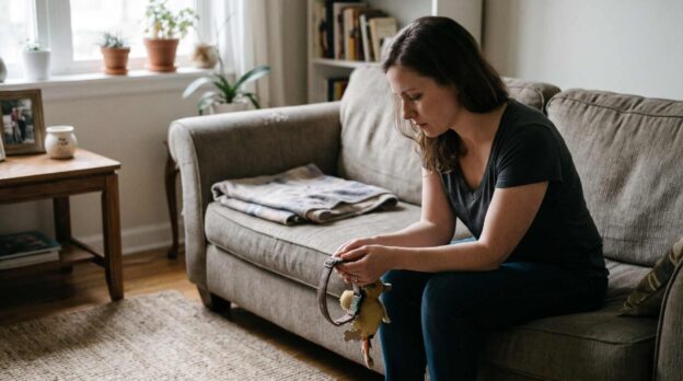 Sad woman coping with pet loss grief holding a collar on her couch.
