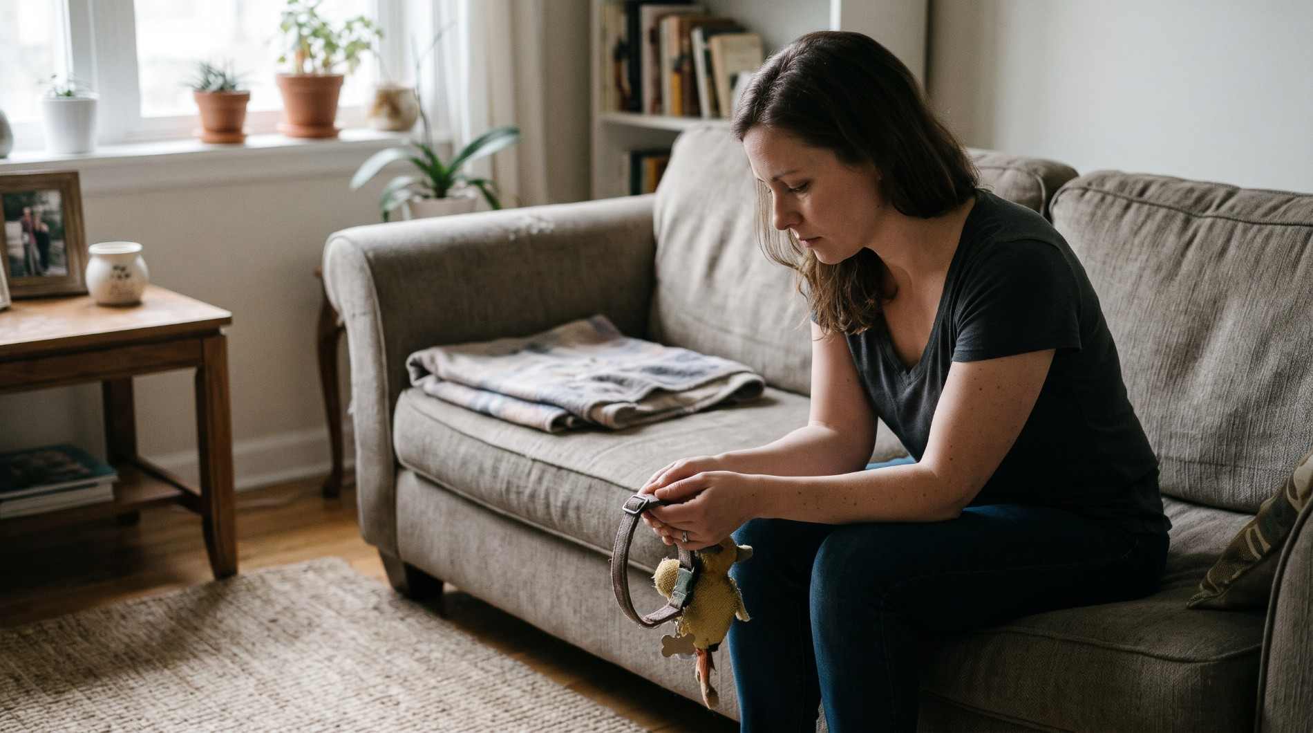 Sad woman coping with pet loss grief holding a collar on her couch.