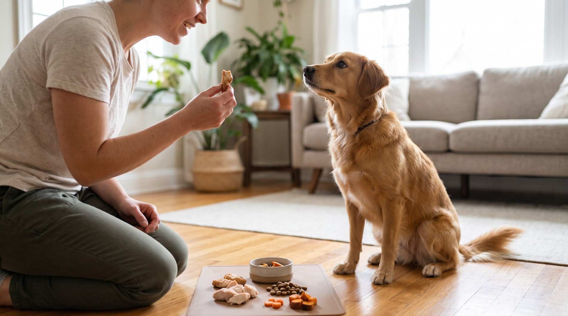 Owner using healthy food rewards to make training your dog easier indoors.