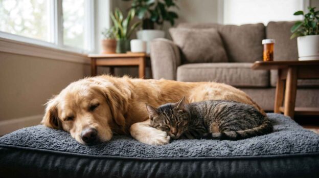Golden retriever and tabby cat sleeping together peacefully on a pet bed.