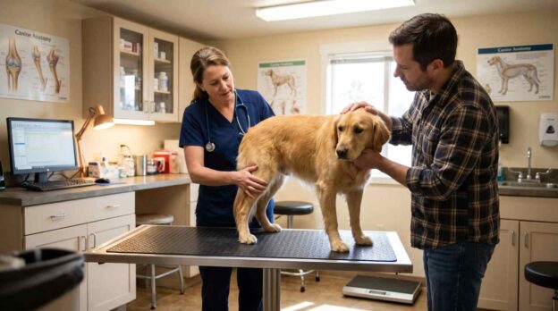 A veterinarian examining a dog's hind knee for CCL disease and ligament health.