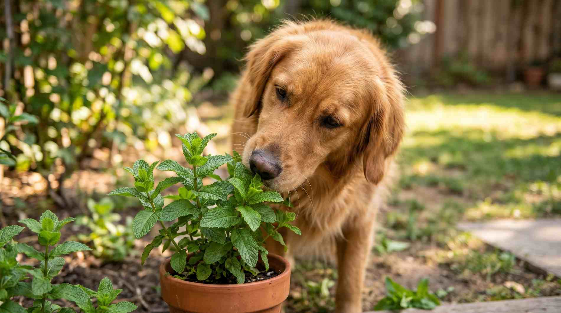 Curious golden retriever gently sniffing fresh green mint plant in garden pot