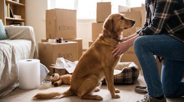Calm dog comforted by owner while moving house surrounded by cardboard boxes.