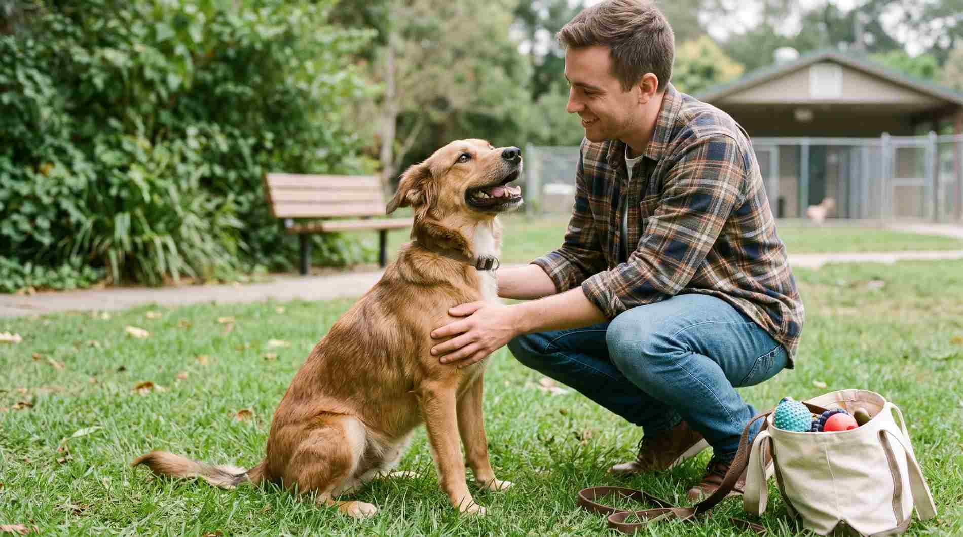 A smiling man pets a happy shelter dog outdoors on the grass
