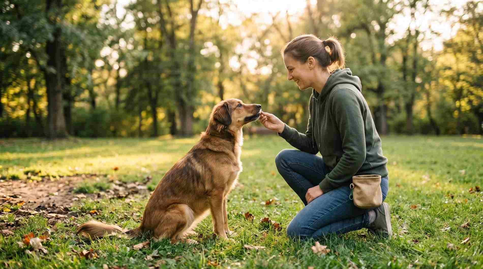 Woman rewarding a dog outdoors, showing a natural approach to positive dog behavior