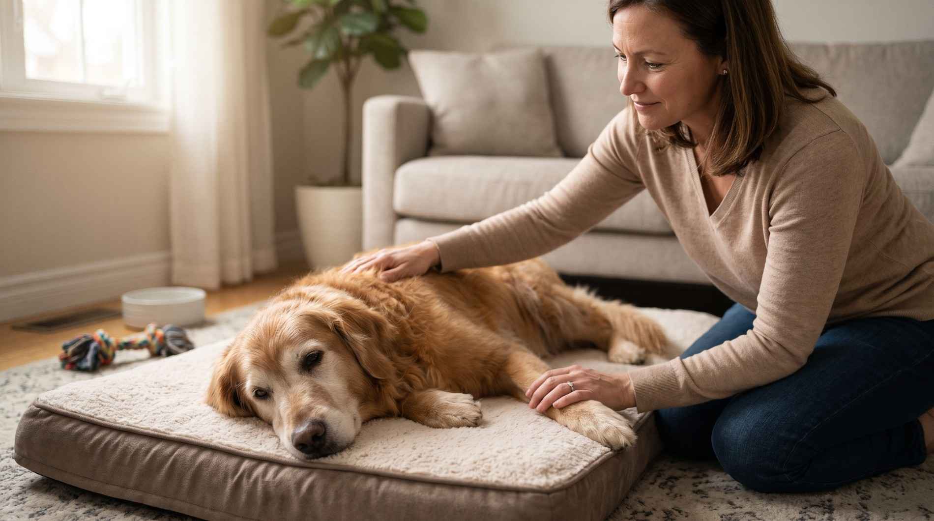 Dog parent gently petting senior retriever with spinal problems on orthopedic bed