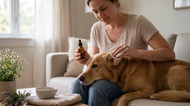 Woman applying gentle natural remedies for ear infections in dogs at home.