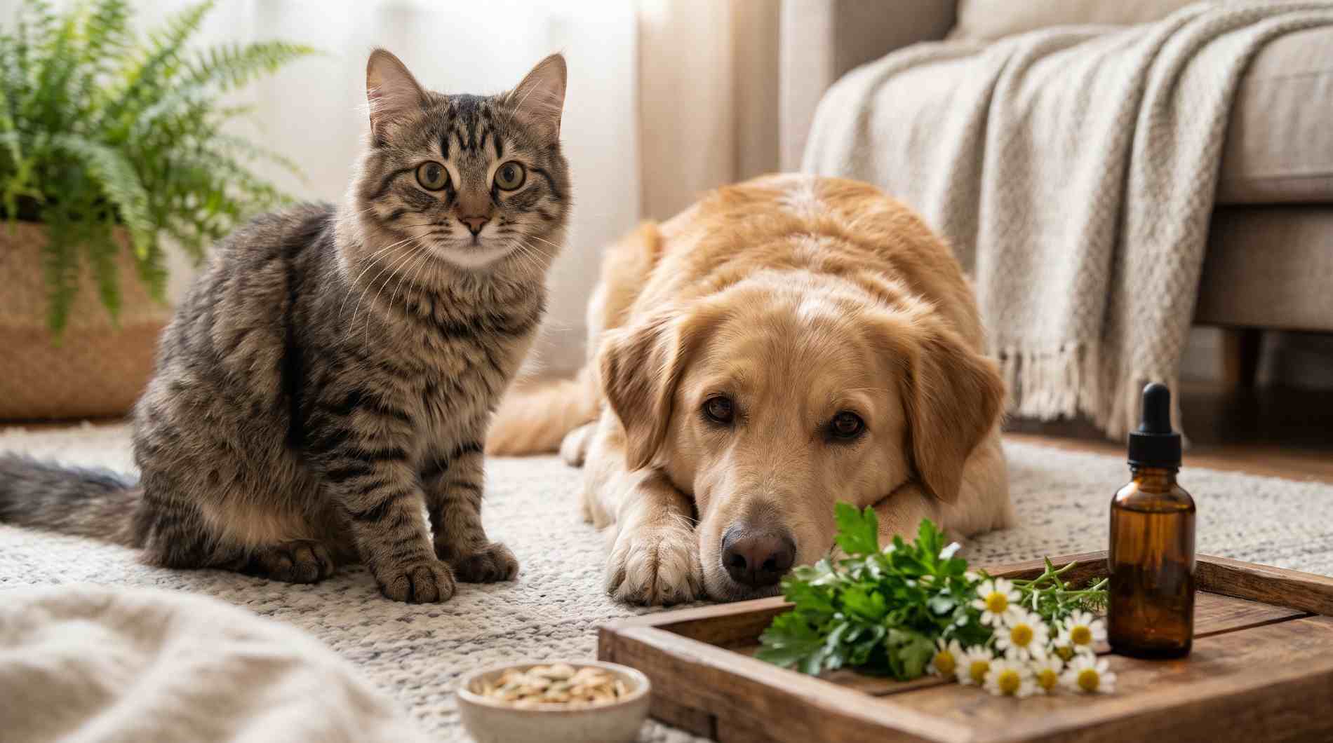 A dog and cat resting near natural remedies for pet gut problems